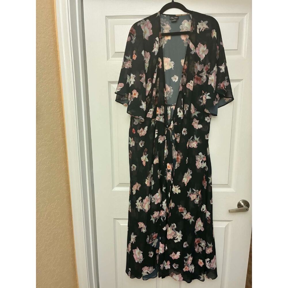 City Chic Lush Garden Black Floral Kimono Maxi Dress‎ Size L- 20 Plus Sheer Tie